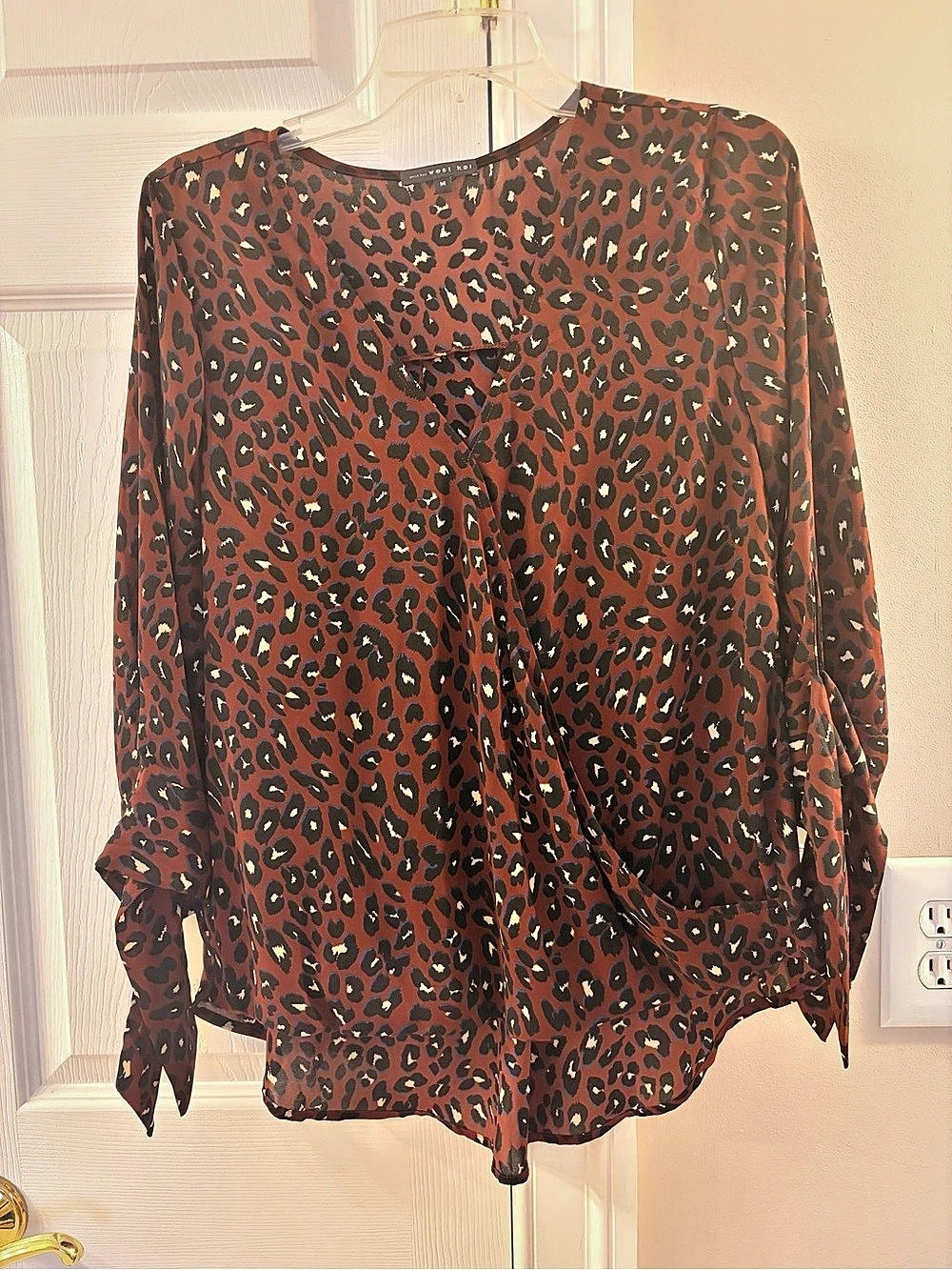West Kei Dark Berry Leopard Tie Sleeve High-Low Blouse